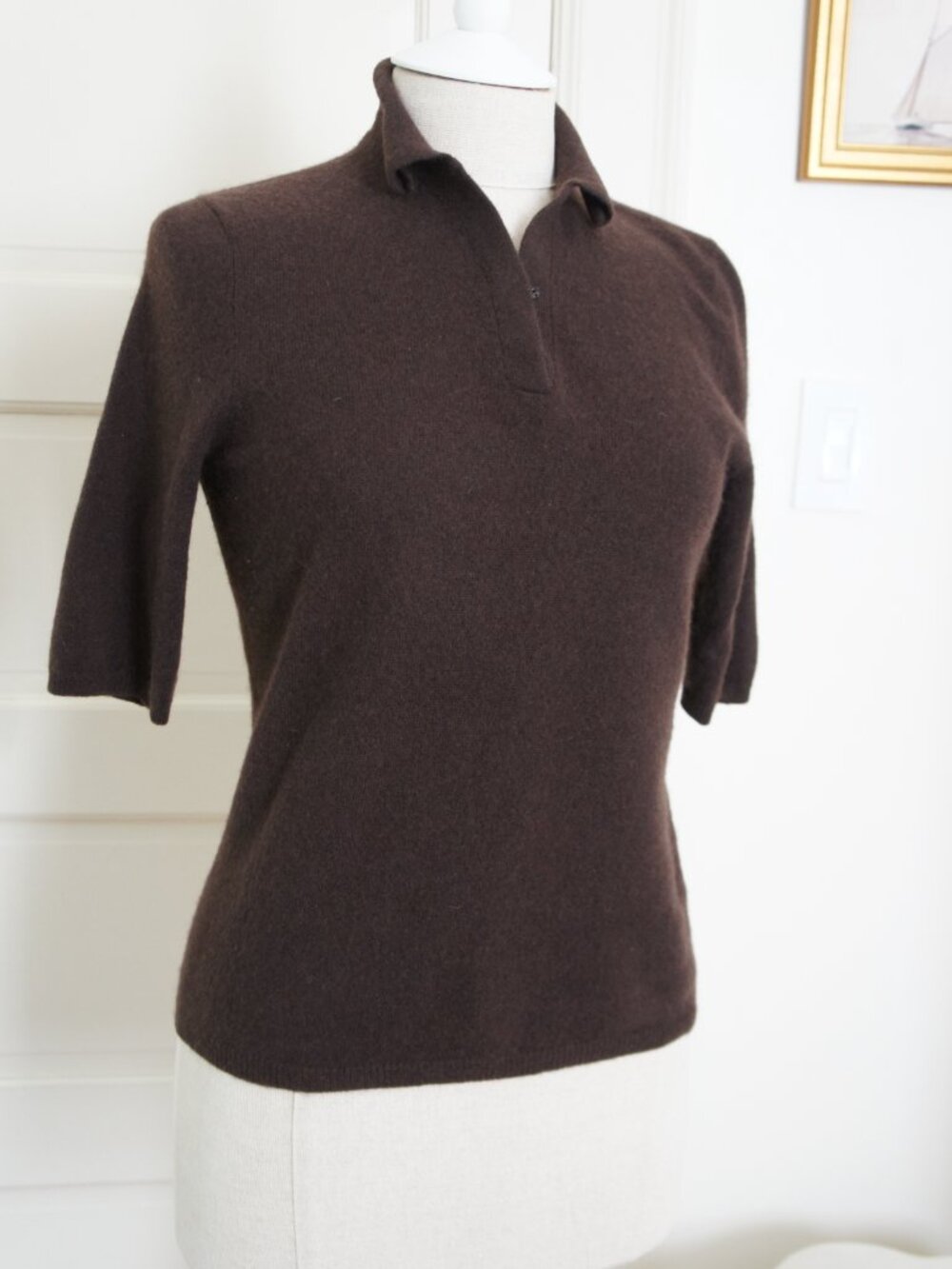 Vintage 90s 100% Cashmere Dark Brown V-Neck Polo Sweater Shirt Size Small - Picture 8 of 11